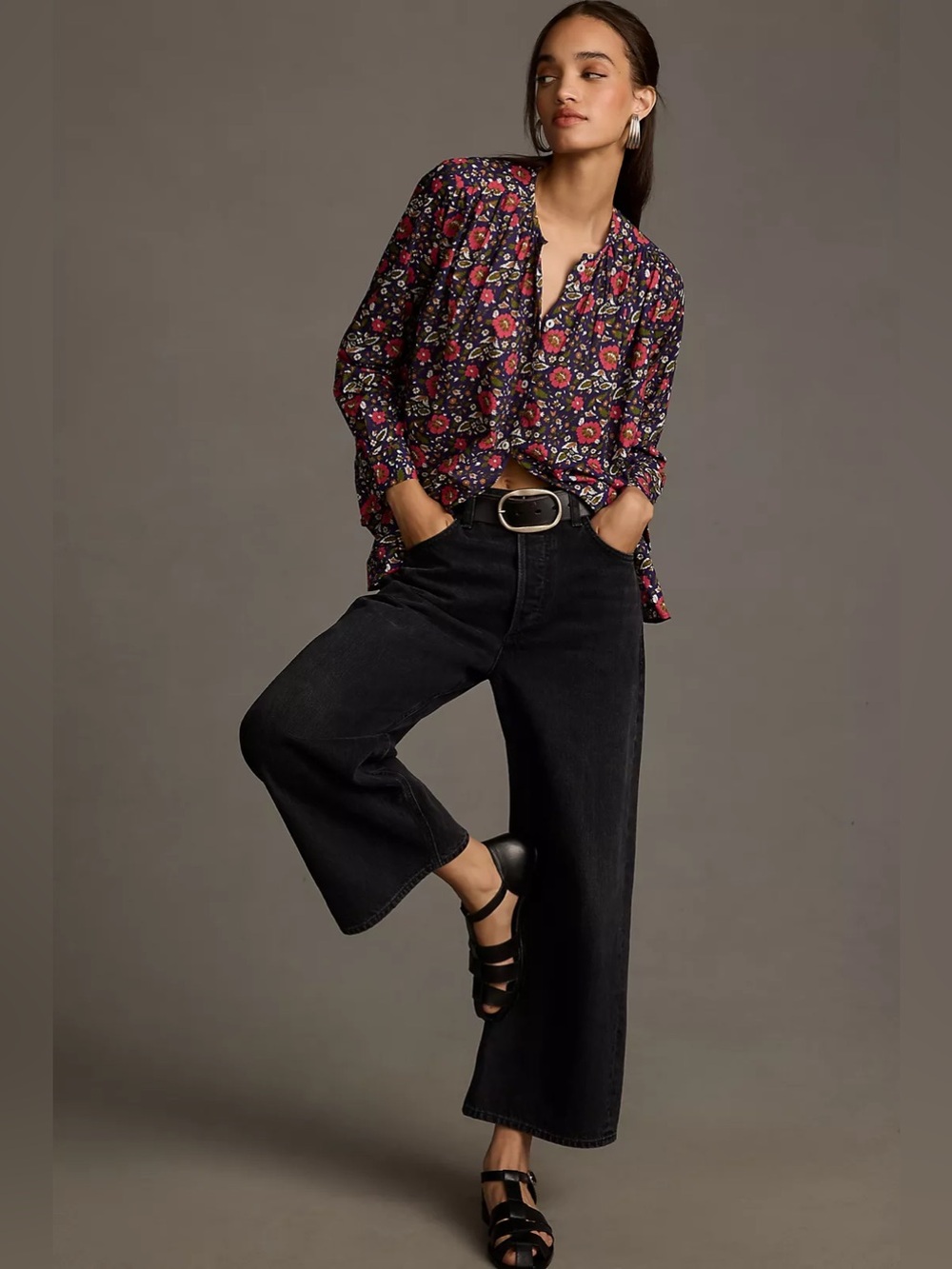 MILLE Florian Floral Cotton Button Down Blouse Navy Pink Size Medium